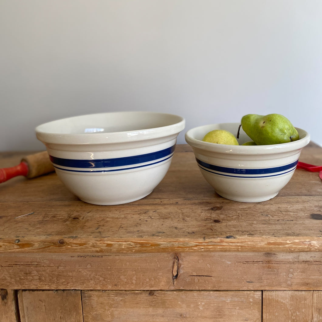 blue-striped stoneware mixing bowls, set of two